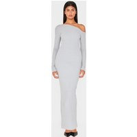 Grey Ribbed Bardot Long Sleeve Maxi Dress | PrettyLittleThing US