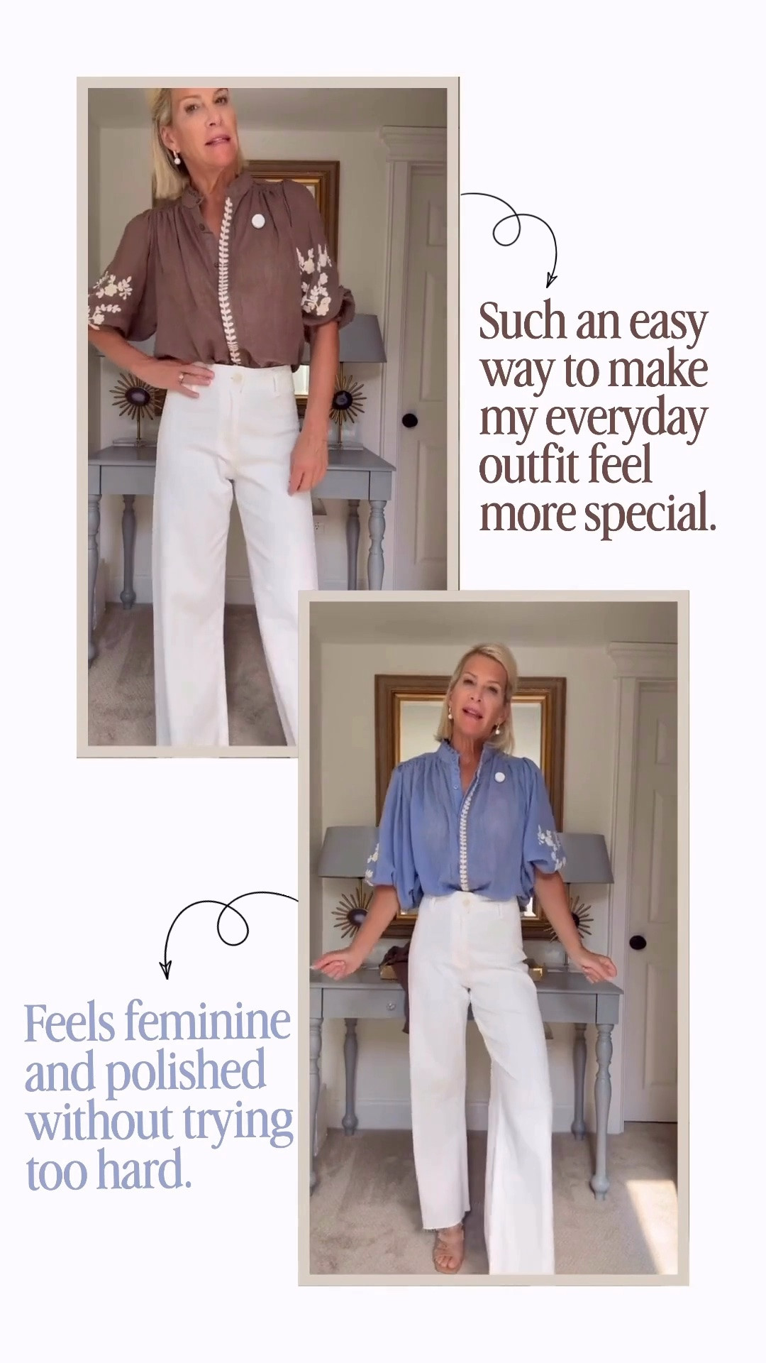 I loved this shirt so much, I bought it in TWO colors! 💙 The blue is perfect with white jeans, and the brown is going to be fabulous for fall. Honestly, I want them both!

👩‍💻 LTK PRO TIPS
❤️ Heart = Support my posts ;-)
🔖 Save = Get sale & restock alerts for the things you love!
📋 Lists = Keep favorites organized (List ideas: Christmas, Birthdays, and Vacations!)
📲 Share = Send lists and products to a friend (or your daughters like me).
💬 Comment = Ask me anything, and I’ll answer. ;-)

#LTKOver40 #LTKootd #LTKSeasonal