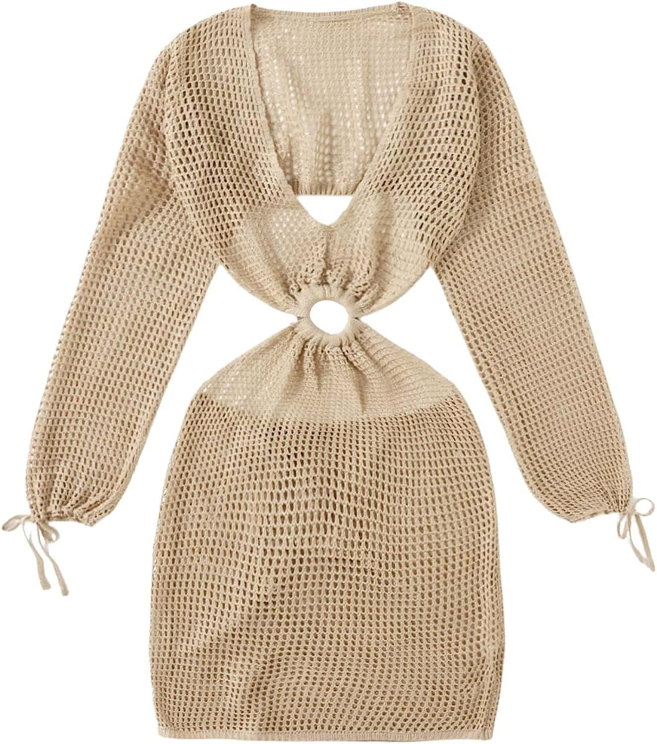 MakeMeChic Women's Plus Size Knitted Swimsuit Cover Up Long Sleeve Cut Out Crochet Beach Cover Up... | Amazon (US)