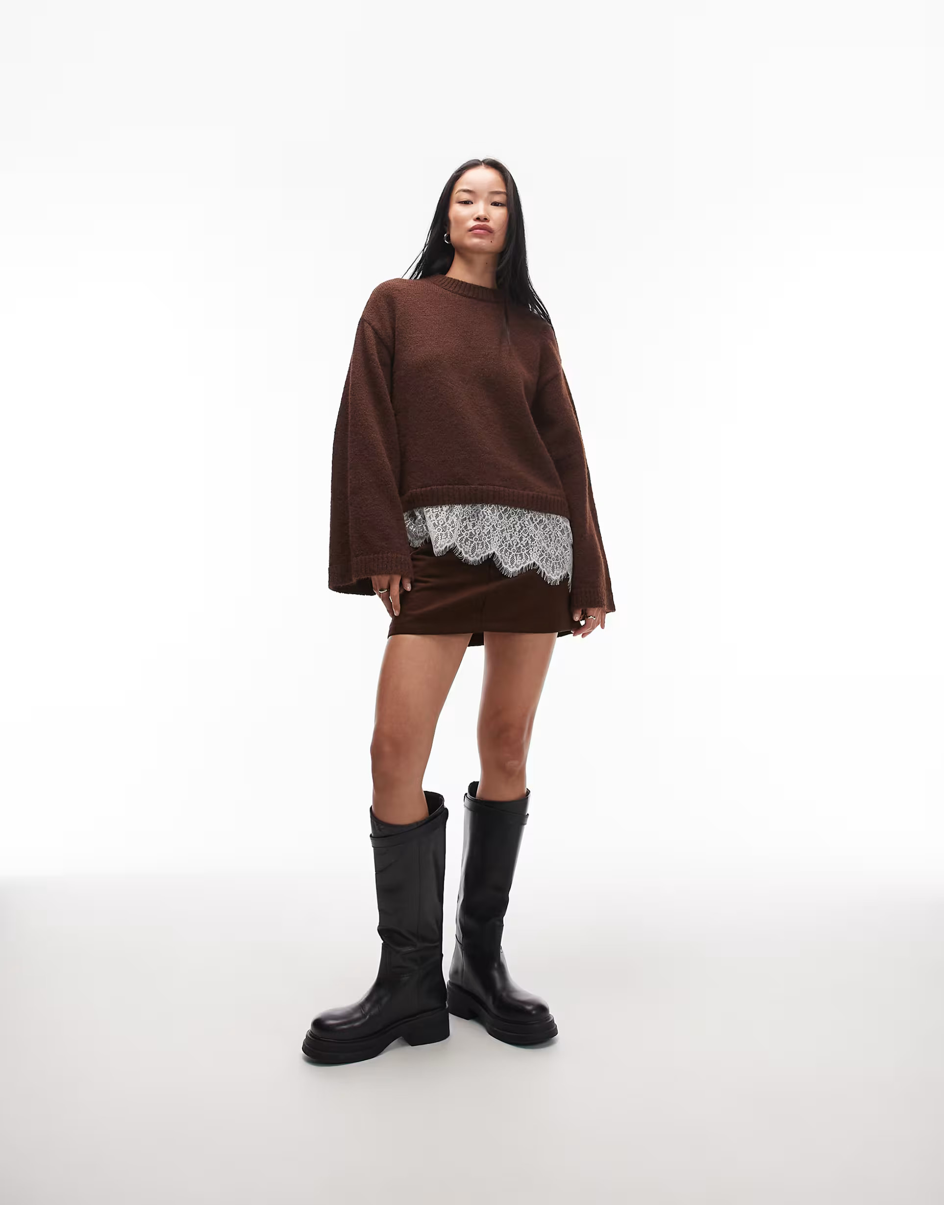 ASOS DESIGN knitted fluffy wide sleeve jumper with lace hem in brown | ASOS (Global)