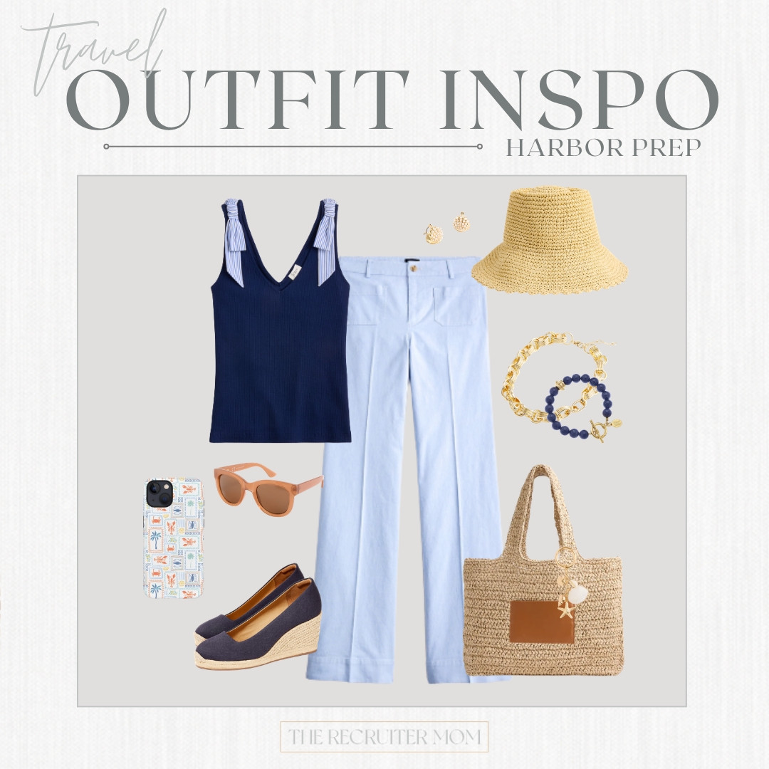 Navy + light blue is the harbor prep combo we didn't know we needed y'all 💙 Tie-strap tank, linen flares, espadrille wedges & the cutest straw tote to pull it all together

#LTKSeasonal #LTKOver40 #LTKTravel