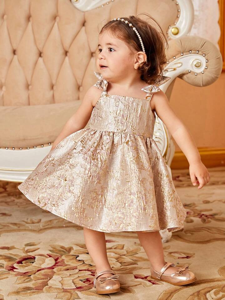 SHEIN Baby Girl's Gorgeous Gold Floral Patterned Strap Dress | SHEIN