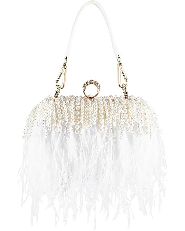 Tessco Women Ostrich Feather Tote Bag Fluffy Purse Clutch Feather Evening Handbag for Wedding | Amazon (US)
