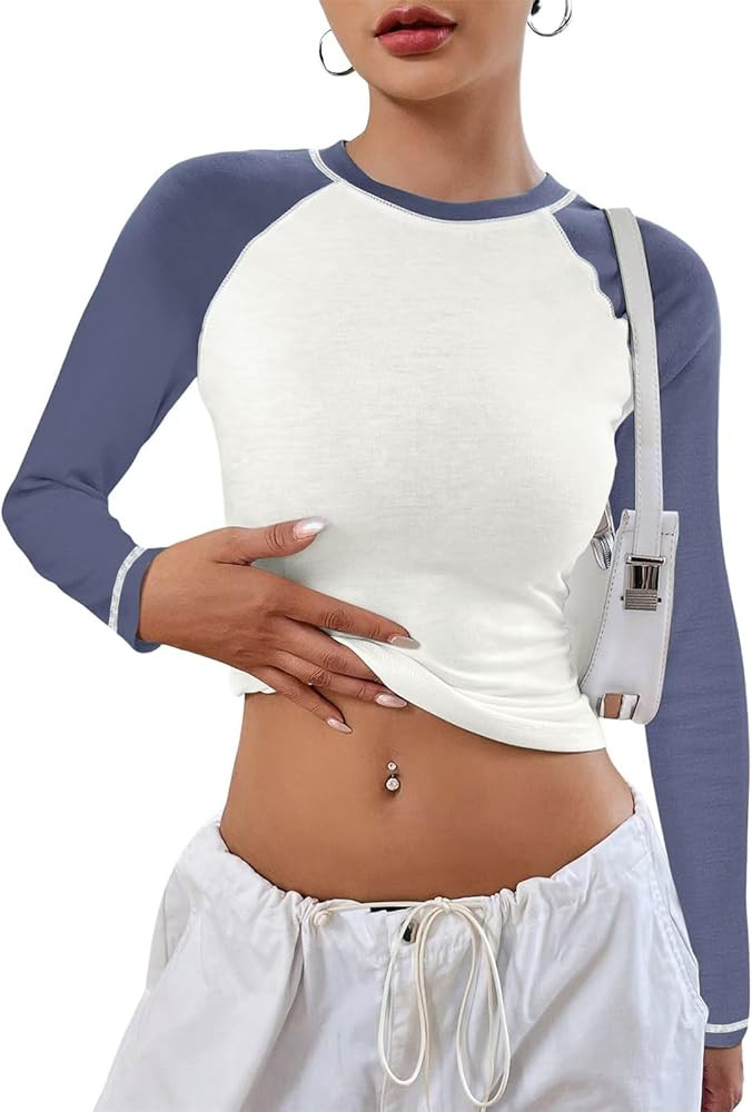 Women's Long Sleeve T Shirts Crewneck Color Block Tops Y2K Slim Fit Shirts | Amazon (US)