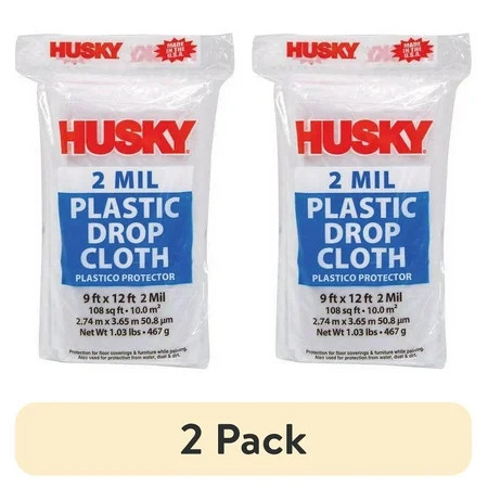 (2 pack) Husky 2 Mil Clear Plastic Drop Cloth, 9 ft. x 12 ft. | Walmart (US)