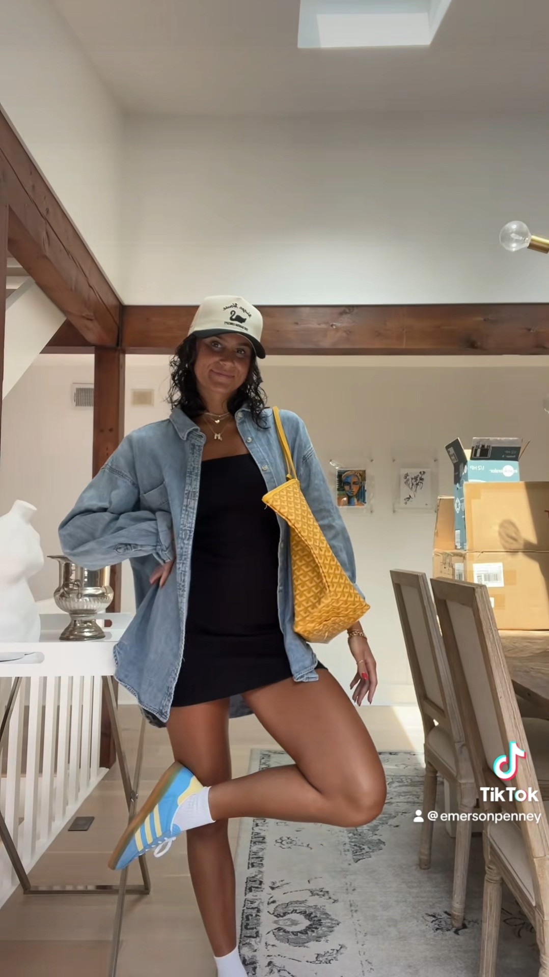 Wearing a size M in jean button up! Dress cannot be linked but it’s Djerf Avenue in size xxs!