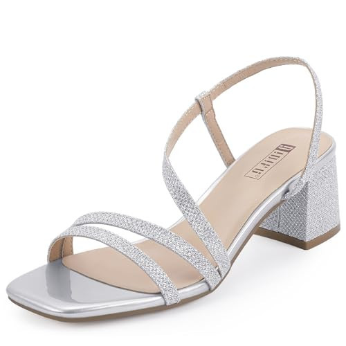 IDIFU Silver Heels for Women - Strappy Low Block Chunky Heeled Sandals - Open Toe Slingback - Comfortable Trendy Dress Shoes for Women - Wedding, Bridal, Prom - Sparkly Heels (Silver Glitter, 7.5) | Amazon (US)