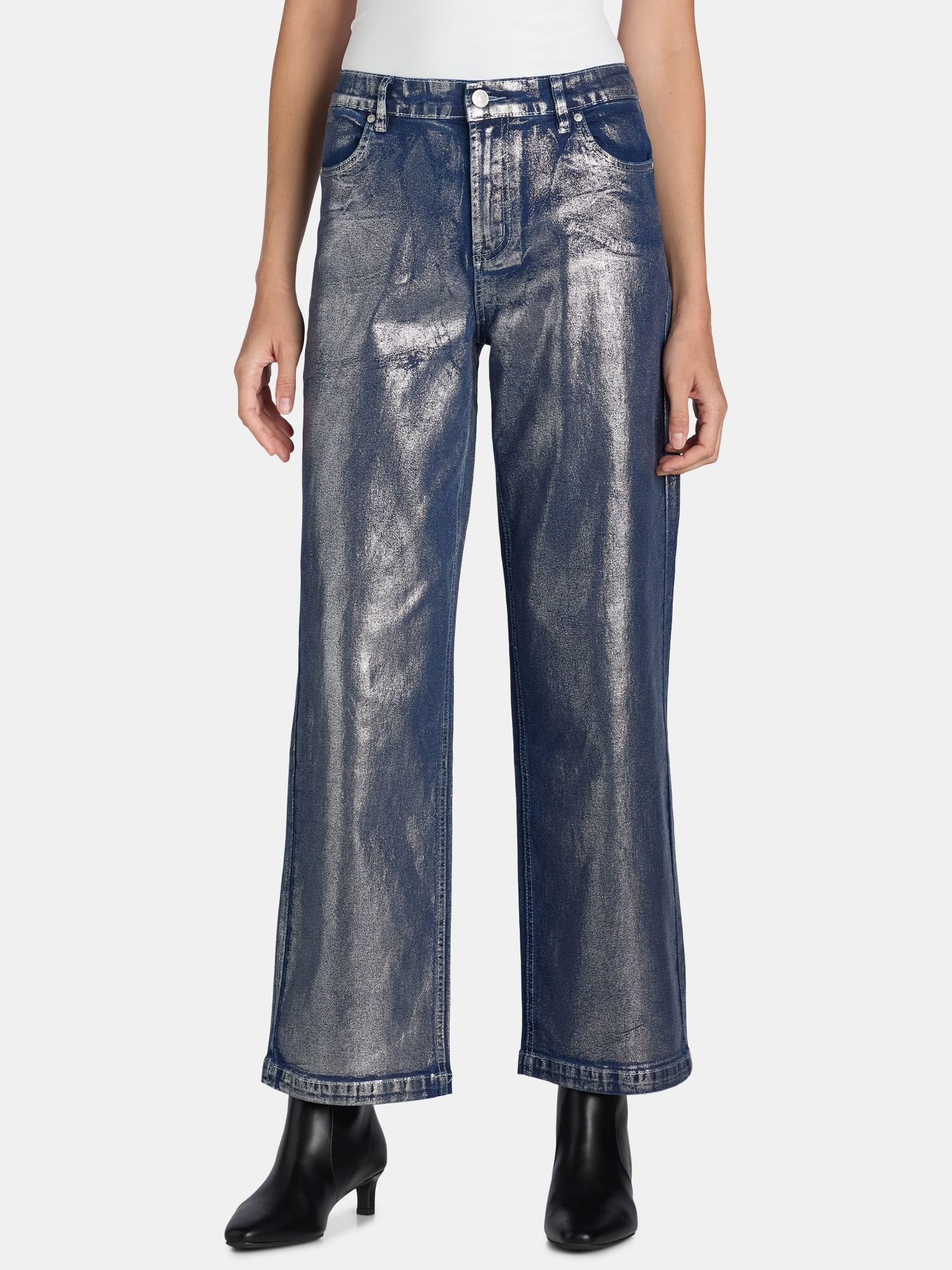 Madden NYC Women's High Rise Metallic Foil Relaxed Fit Jeans, 29” Inseam, Sizes XXS-XXL - Walma... | Walmart (US)