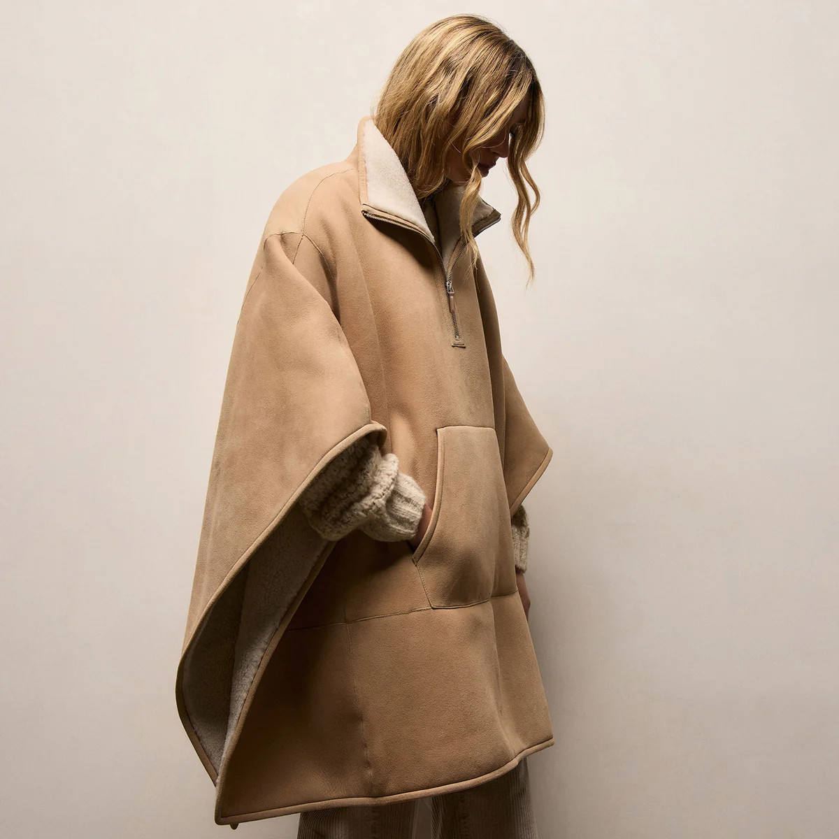 Suede Shearling Poncho - Light Caramel | James Perse Los Angeles | James Perse (US)