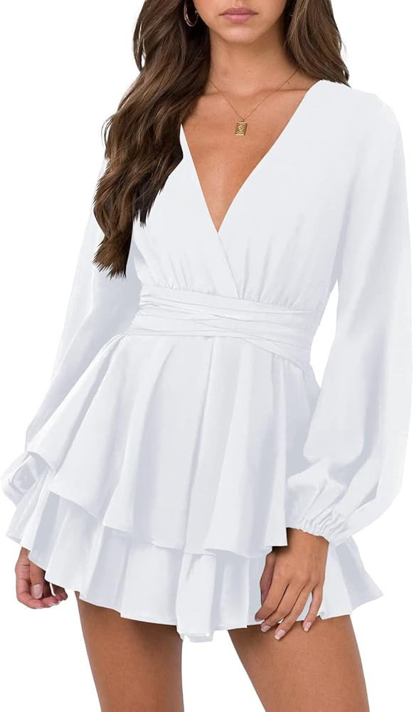 Nova In Sky Womens Sexy V Neck Long Baggy Sleeve Tie Waist Ruffle Hem Flowy Swing Mini Short Wrap... | Amazon (US)
