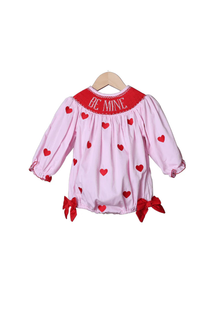 Smocked Be Mine Embroidered Heart Pink Bow Bubble | The Smocked Flamingo