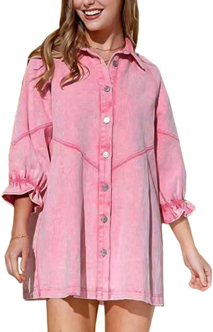 ALSOGO Women Denim Shirt Dress 3/4 Long Sleeves Casual Button Down Babydoll Flowy Jean Dresses | Amazon (US)