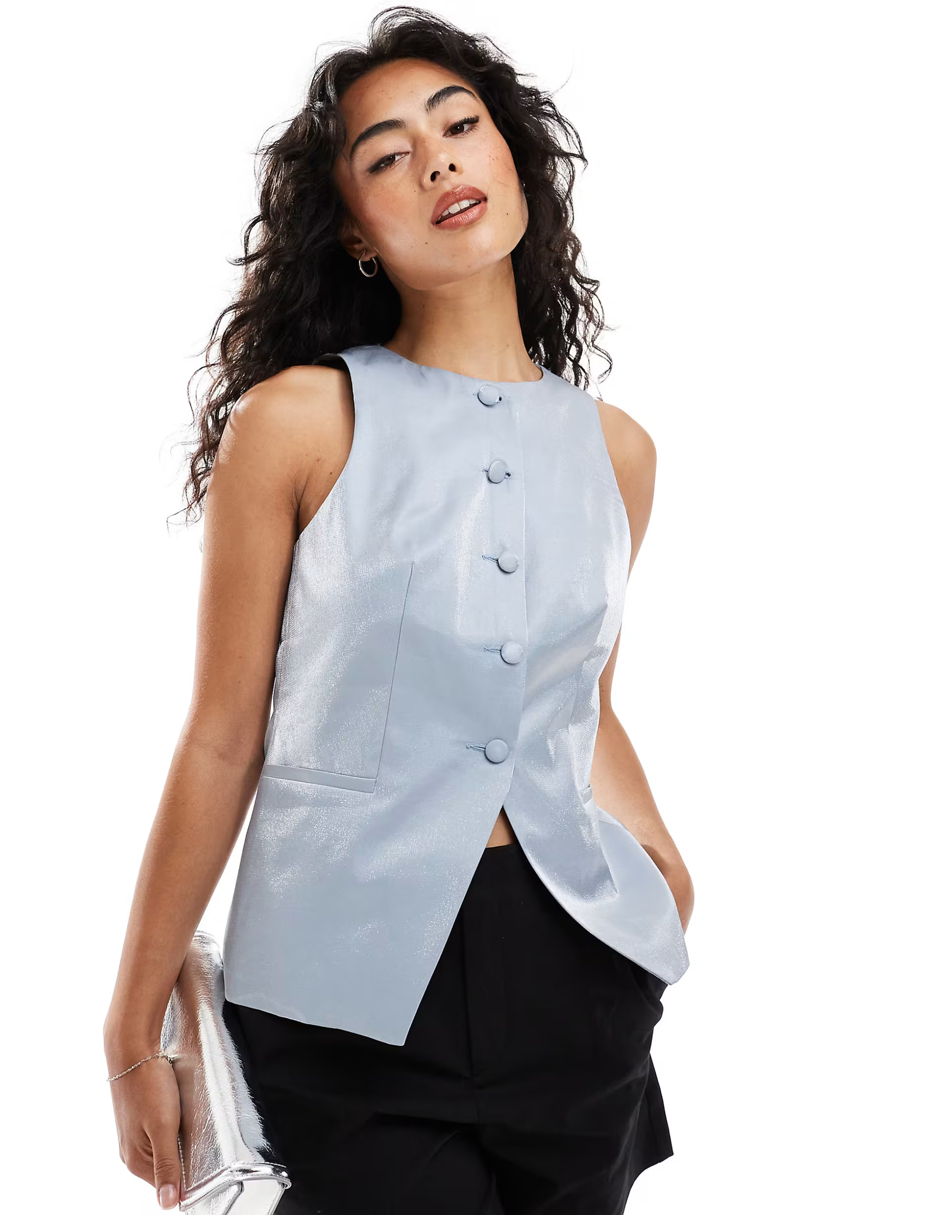 ASOS DESIGN high neck waistcoat in metallic blue | ASOS (Global)