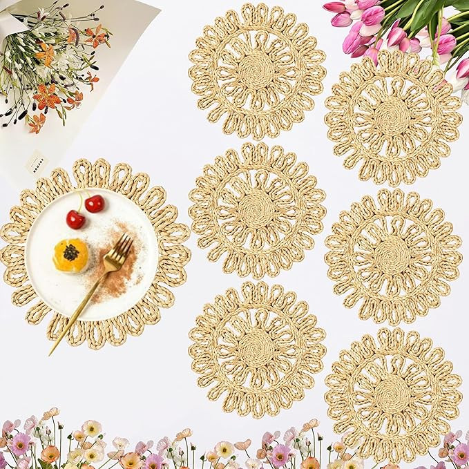 IcosaMro Round Woven Placemats for Dining Table Set of 6 Small Natural Braided Rattan Tablemat Fl... | Amazon (US)