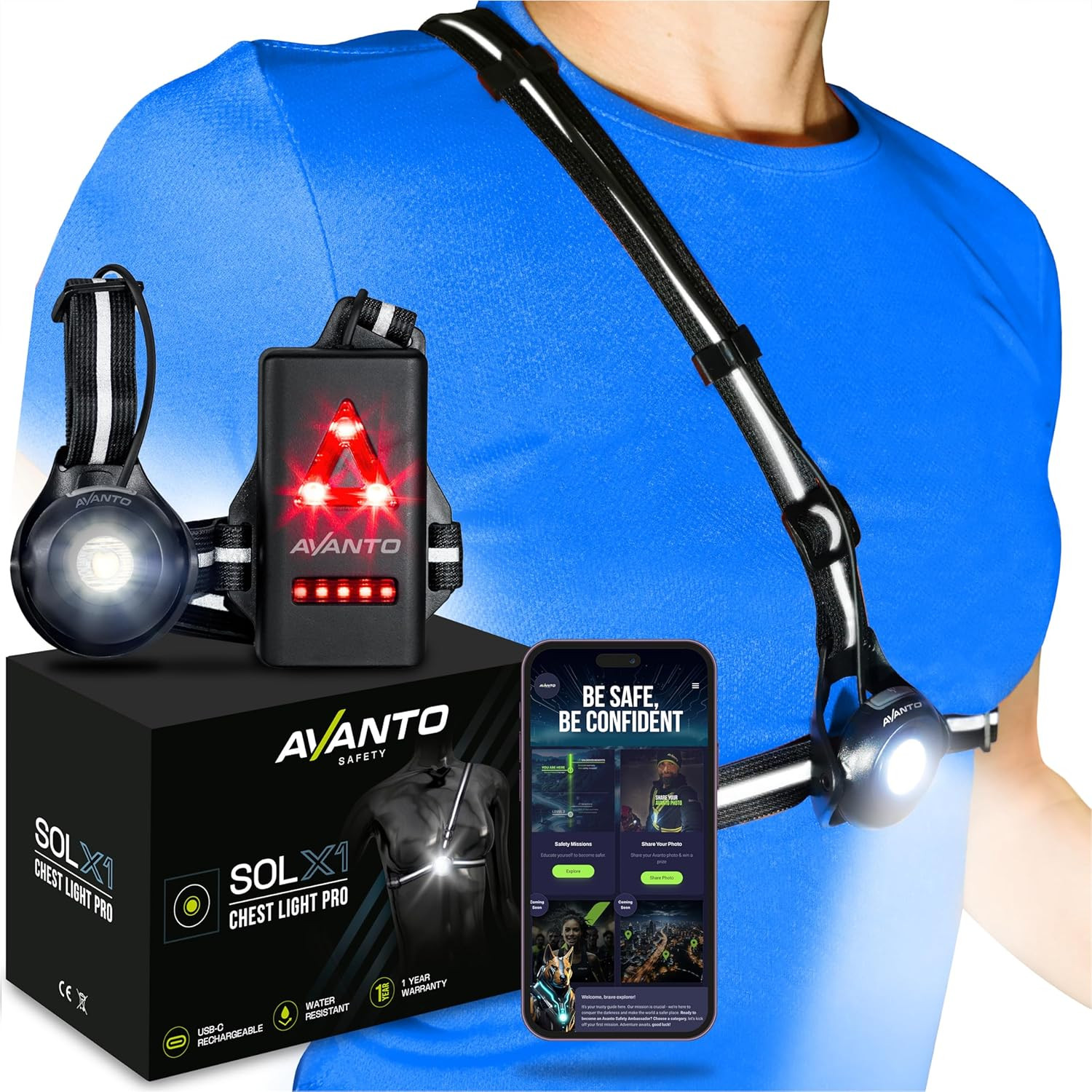 AVANTO SOLX1 Pro Chest Light, USB-C Smart Running Lights with Safety Courses, Black | Amazon (US)
