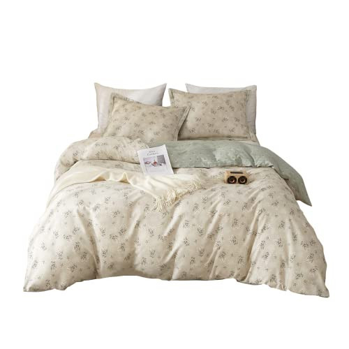 EAVD Boho Floral Duvet Cover Queen Soft 100% Cotton Garden Green Floral Bedding Set for Girls Women with 2 Pilowcases Reversible Floral Botanical Duvet Cover with Zipper Closure | Amazon (US)
