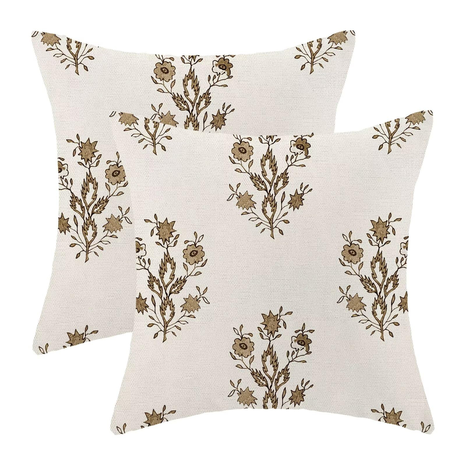 Brown Floral Pillow Covers 18x18 Inch Set of 2, Blockprint Flower Outdoor Decorative Wildflower T... | Amazon (US)