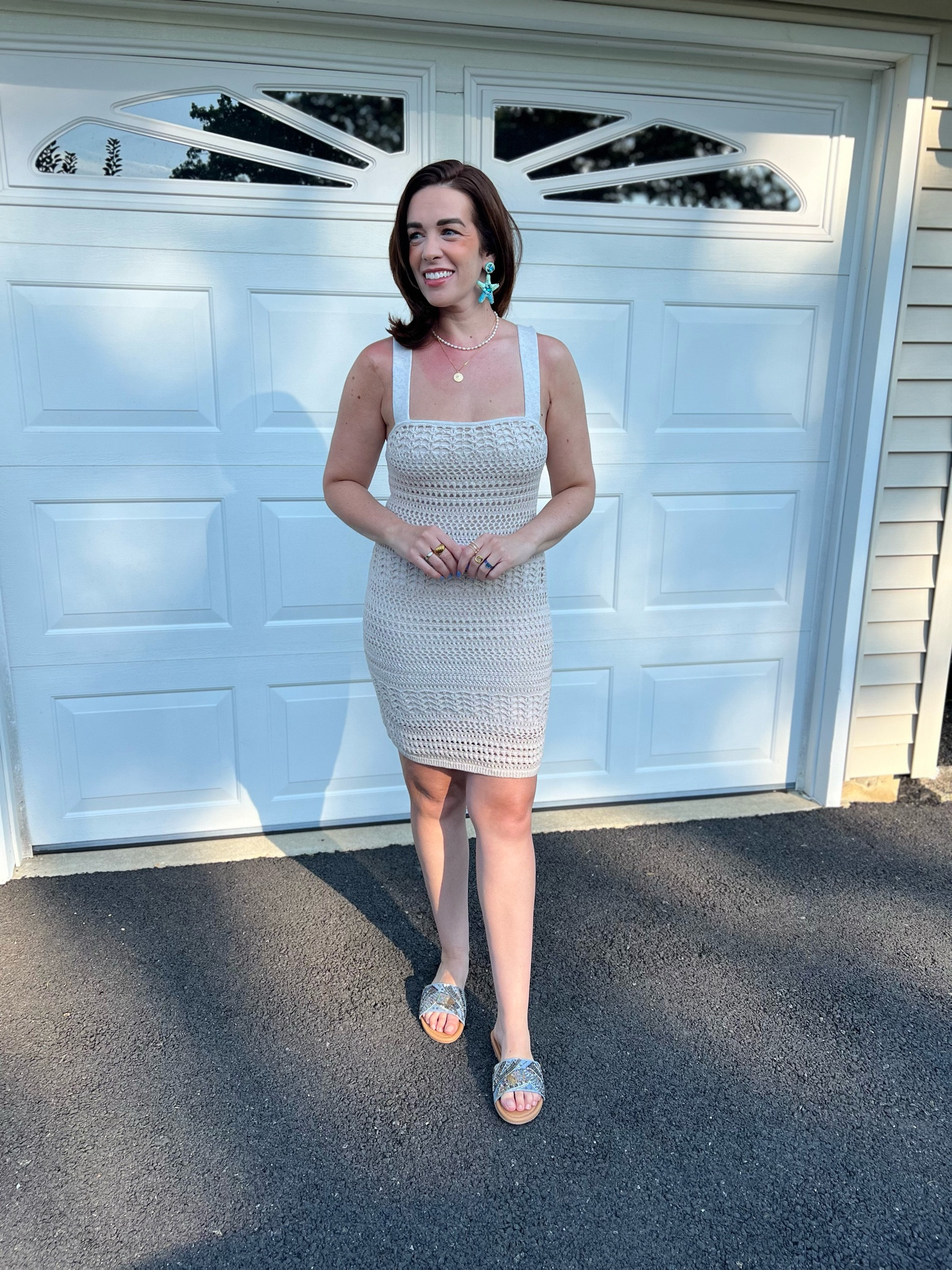 Beige crochet dress (size small). Blue denim sequin slides (size 8.5). #dress #dresses #crochetdress #beigedress #slides #sandals #blueslides #bluesandals #summerdress #summerdresses #summeroutfit #sequinslides #denimslides #denimsandals 

#LTKFindsUnder100 #LTKSeasonal #LTKStyleTip