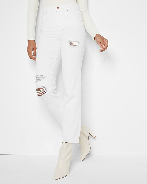 High Waisted White Ripped Straight Ankle Jeans | Express