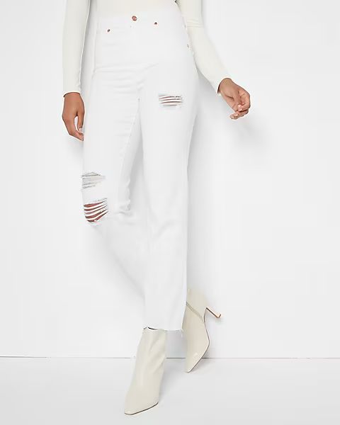 Conscious Edit High Waisted White Ripped Straight Ankle Jeans | Express