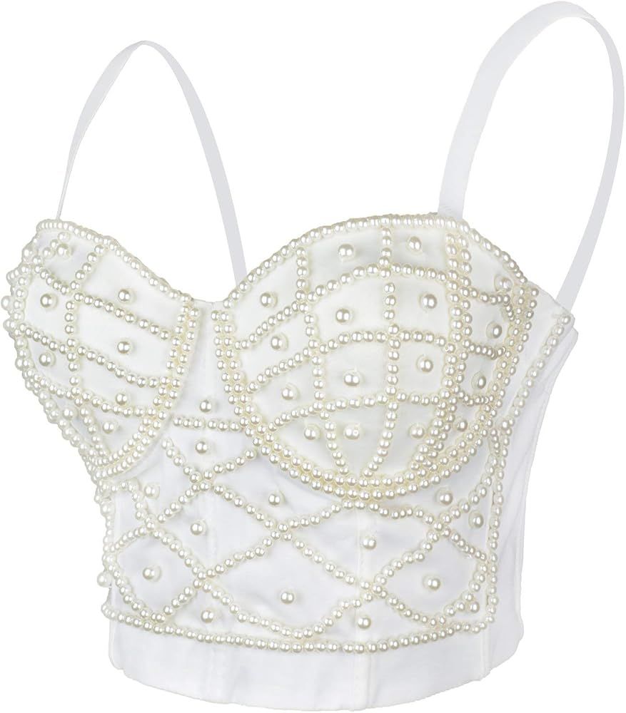 Amazon.com: ELLACCI Sexy Pearls Beaded Bustier Corset Crop Top Club Party Cage Bra White Large: C... | Amazon (US)