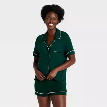 Women's Cloud Knit Short Sleeve Notch Collar Top and Shorts Pajama Set - Auden™ Navy Blue XS | Target
