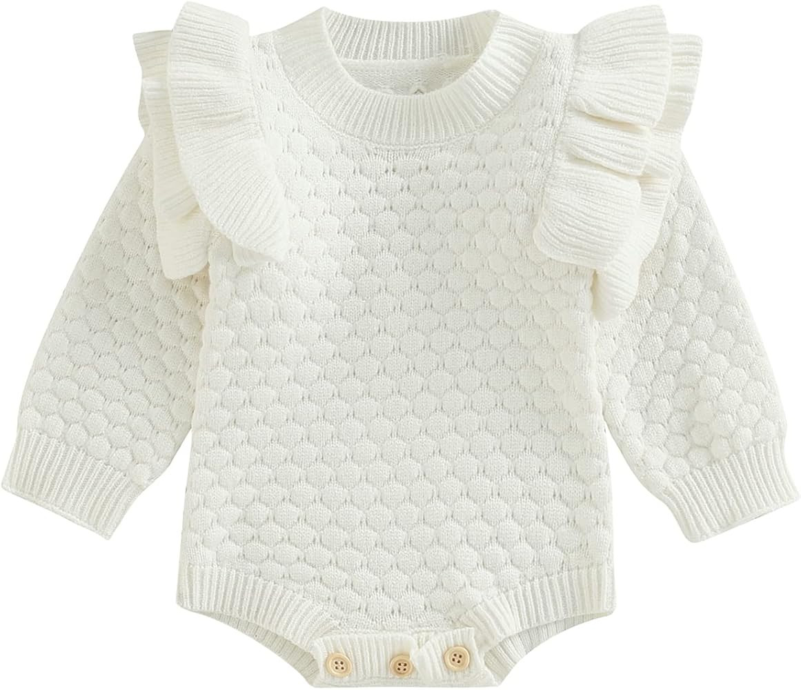 Fladdswed Newborn Infant Baby Girl Knit Sweater Jumpsuit Ribbed Romper Ruffle Long Sleeve Bodysui... | Amazon (US)