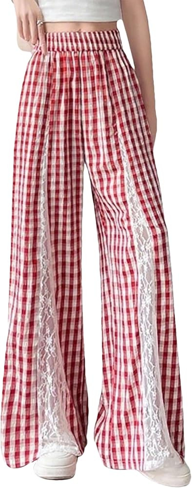 Womens Plaid Wide Leg Pants Lace Patchwork Gingham Pants High Waist Palazzo Lounge Trousers with ... | Amazon (US)