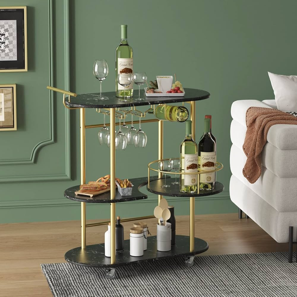 PAUKIN Black Bar Carts with 4-Tier Storage Shelves, Mobile Bar Serving Cart with Wine Rack and Gl... | Amazon (US)