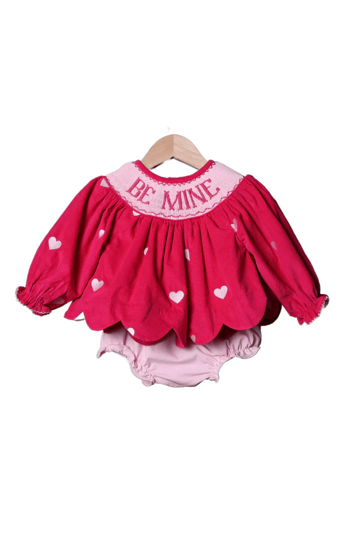 Smocked Be Mine Hot Pink Corduroy Embroidered Heart Bloomer Set | The Smocked Flamingo