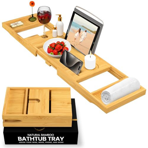Bathtub Tray Caddy - Premium Bamboo Expandable Bath Tub Tray Table, Luxurious Wooden Bath Caddy for Books, Tablets, Wine, Bathroom Accessories, Spa Essentials, Housewarming, Wedding | Amazon (US)