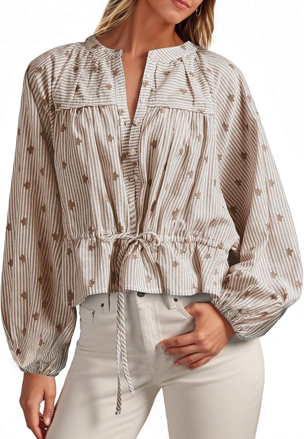Tankaneo Womens Striped Cropped Button Down Shirts Puff Long Sleeve Peplum Tops Drawstring Waist ... | Amazon (US)