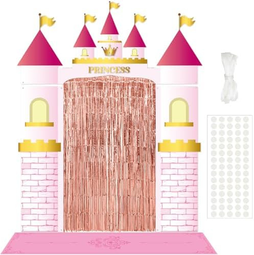 VitalCozy 7pcs Princess Party Decorations Castle Porch Banners Pink Rug Rose Foil Fringe Backdrop... | Amazon (US)