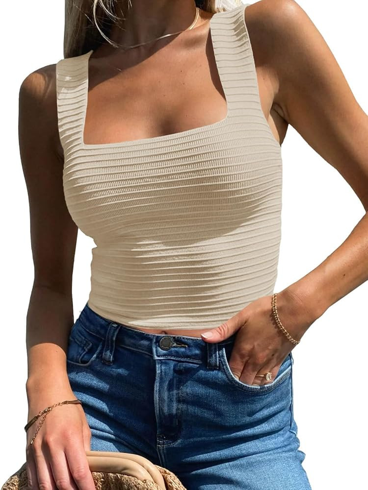 Yousify Womens Crop Tank Tops Summer Sleeveless Square Neck Textured Casual Slim Fit Trendy Cropp... | Amazon (US)