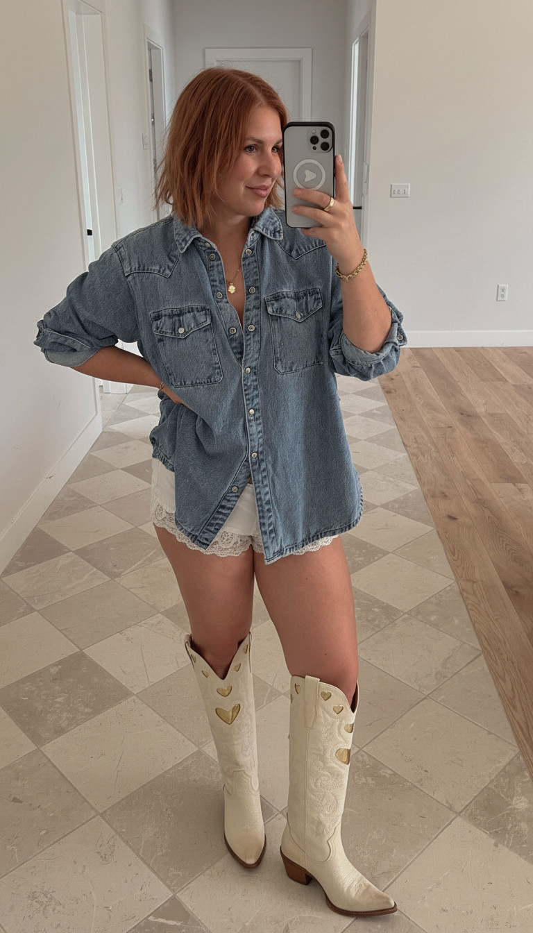 Obsessed with this denim-on-denim western outfit. Oversized denim button-up shirt styled with lace trim shorts and the cutest cream cowboy boots with gold heart cutouts. The perfect spring country outfit that works for concerts, brunch, or date night.  #cowboyboots #westernoutfit #countryoutfit #springoutfit #amazonfinds #heartboots #denimshirt #ootd 

 #LTKMidsize #LTKTall