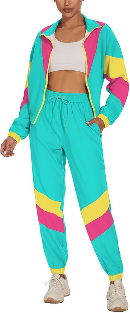 UOUA Women's Color Block 2 Piece 80s 90s Outfits Long Sleeve Windbreaker Jacket Tracksuit Set | Amazon (US)