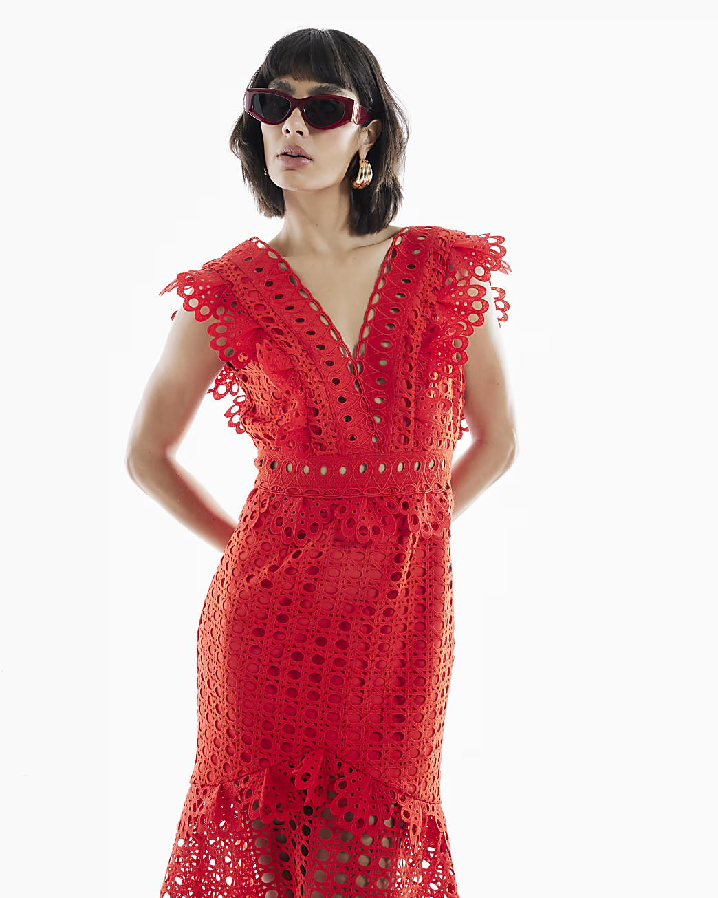 Red Broderie Midi Dress | River Island UK & IE
