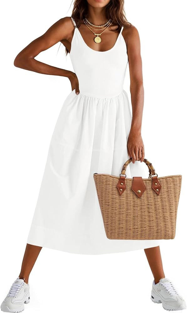 Fisoew Womens Spaghetti Strap Dress V Neck Backless Summer Casual A Line Cami Dress with Pocket | Amazon (US)