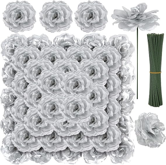 LELEE Artificial Rose Flowers Head with Stem - 108pcs Silver Artificial Flowers Rose Bulk - Silk ... | Amazon (US)