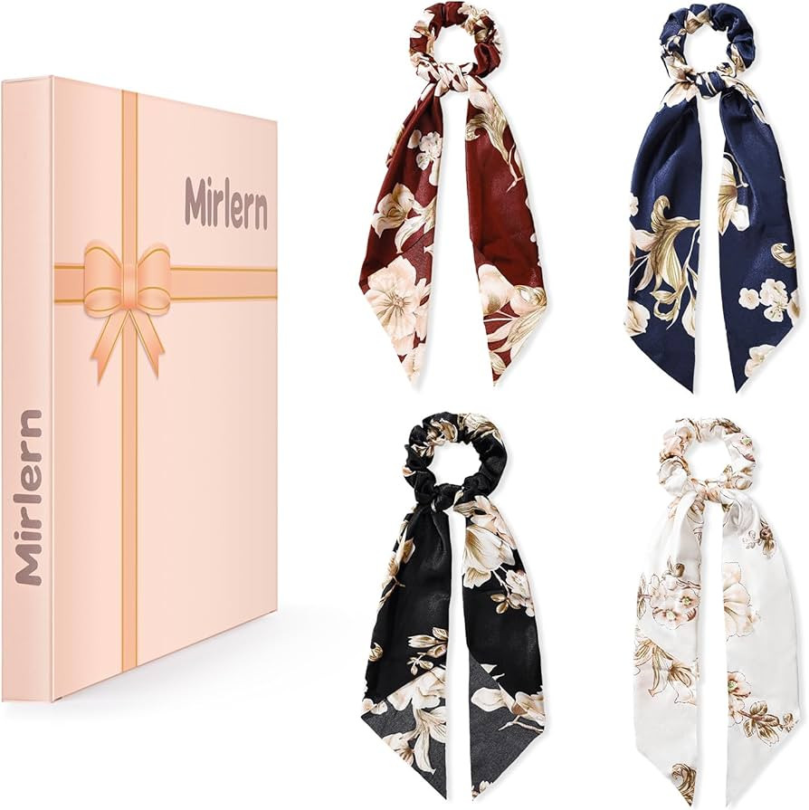 4-Piece Silk Satin Hair Scarf Scrunchies for Women Girls, No Damage Cute Hair Ties with Bow Ribbo... | Amazon (US)