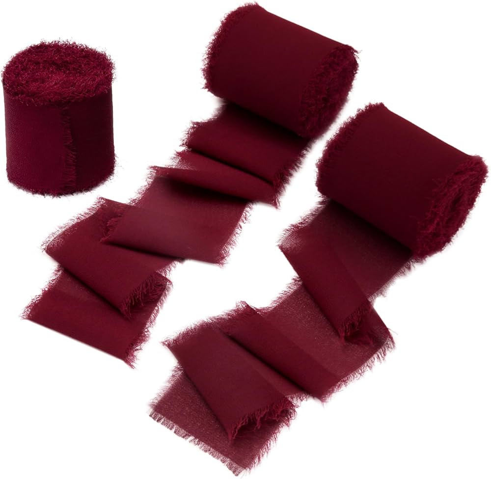 DORIS HOME 3 Rolls 2" x7Yd Fringe Chiffon Ribbon for Flower Bouquet, Handmade Burgundy Ribbon for... | Amazon (US)