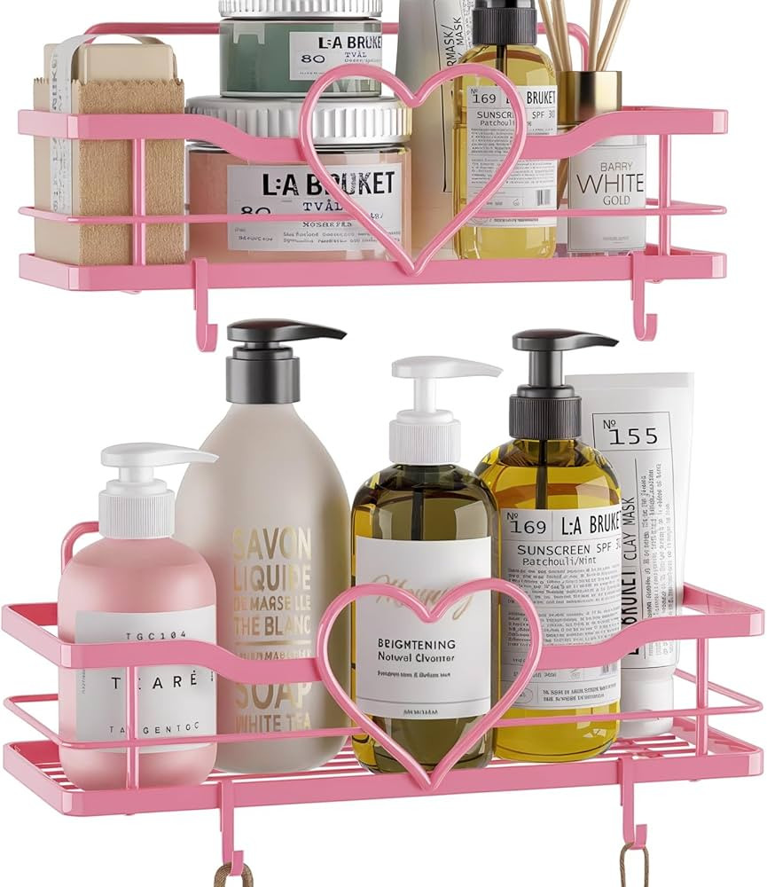 Pink Shower Caddy with 4 Removable Hooks, 2 Pack Sweet Heart Shower Shelves,No Drilling Adhesive ... | Amazon (US)