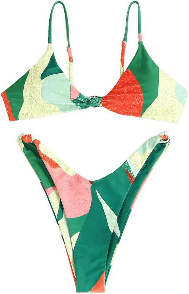 ZAFUL Women's Tie Knot Front Spaghetti Strap High Cut Bikini Set Swimsuit | Amazon (US)