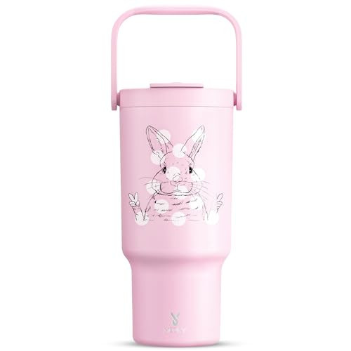 Meoky 32 oz Tumbler with Handle, Tumbler with Lid and Straw, Stainless Steel Travel Mug, 100% Leak Proof, Keeps Cold for 24 Hours, Fits in Car Cup Holder (Bunny) | Amazon (US)