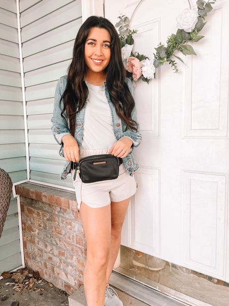 Spring casual outfit. Athletic shorts. Mint green tank with denim jacket. Wearing black belt bag from poppy and peonies. Gray new balance shoes. Long hair extensions from Donna Bella hair. Mom outfit for spring. Mom style and fashion. Ootd for moms. Simple style neutrals pink blush maternity  

#LTKFind #LTKSeasonal #LTKitbag