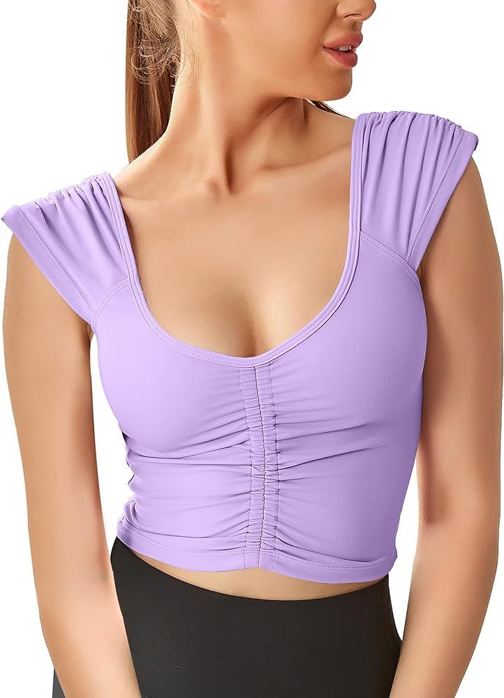 Women Workout Tops Sleeveless Yoga Longline Sports Bra Cutout Short Sleeve Crop Tank Top Gym Runn... | Amazon (US)