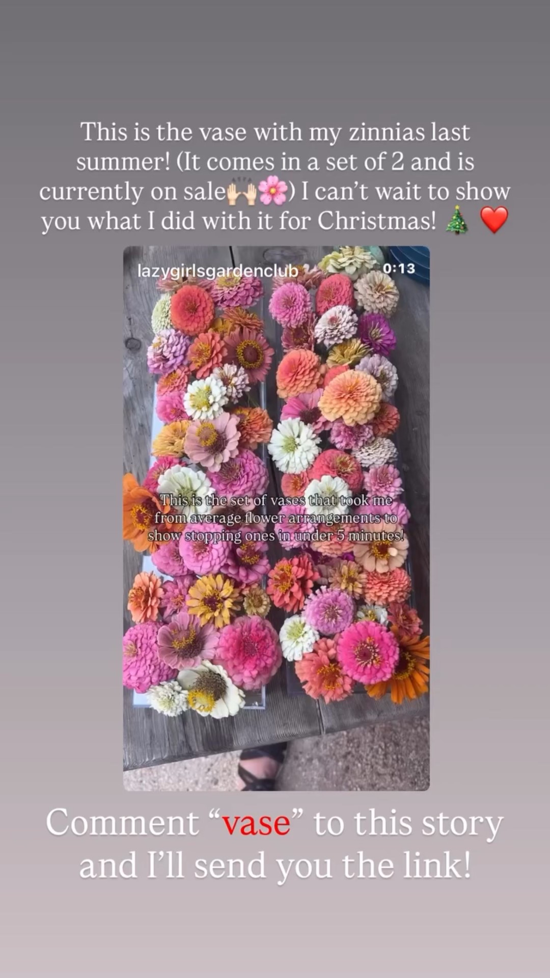 This is the vase with my zinnias last summer! (It comes in a set of 2 and is currently on sale🙌🏻🌸) I can’t wait to show you what I did with it for Christmas! 🎄 ❤️ Comment “vase” to this story and I’ll send you the link!