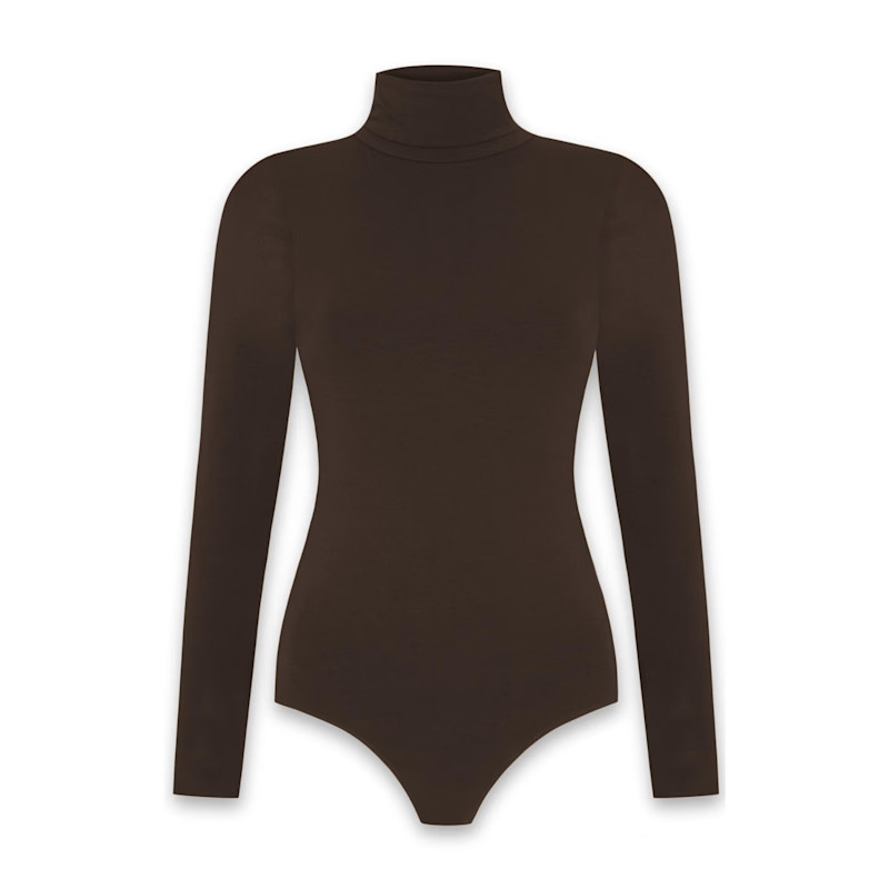 Organic Cotton Long Sleeve Roll-Neck Bodysuit, Hot Fudge | Wolf & Badger