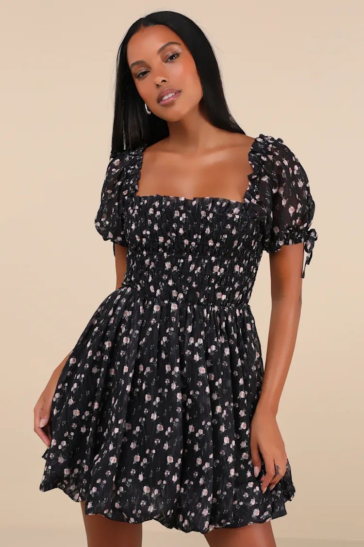 Delightful Crush Black Floral Smocked Puff Sleeve Mini Dress | Lulus