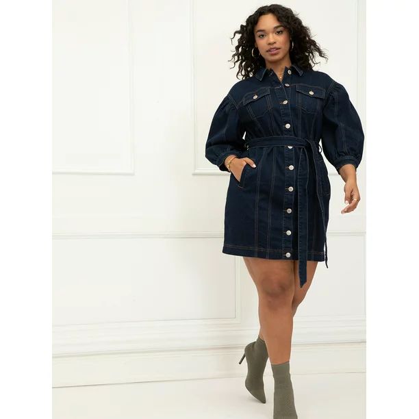 ELOQUII Elements Women's Plus Size Puff Sleeve Denim Jacket Dress - Walmart.com | Walmart (US)